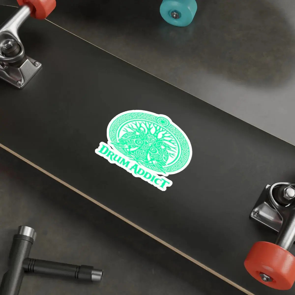 White Drum Addict Celtic Tree die-cut sticker featuring a Celtic tree design for musicians and drum lovers.