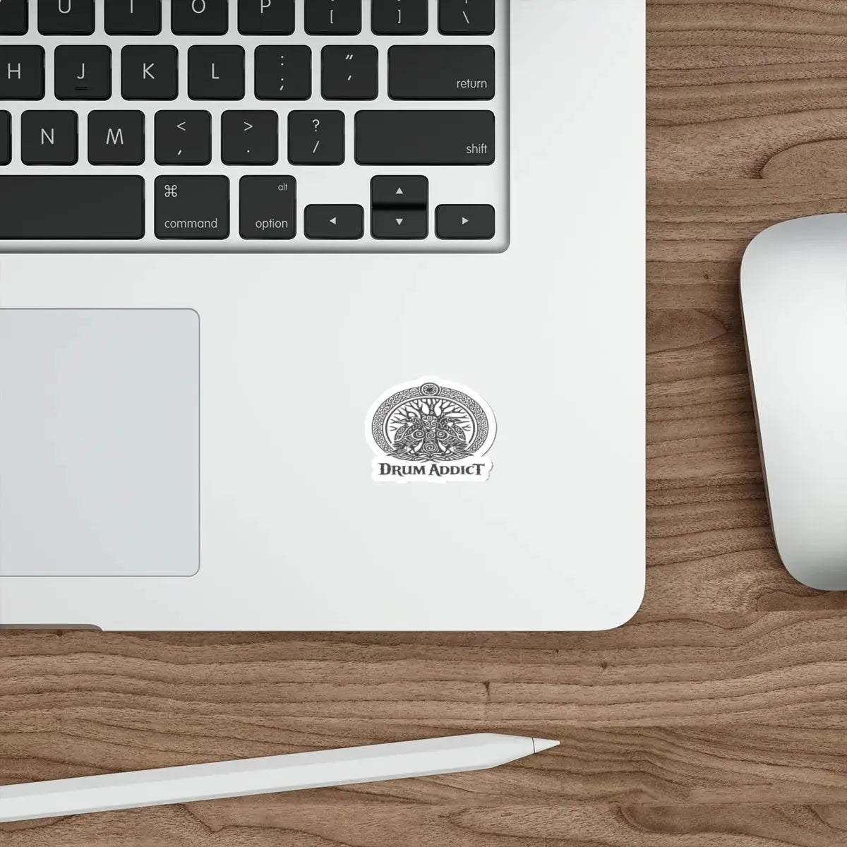 White die-cut sticker featuring Celtic Tree of Life and drummer design by Drum Addict, perfect for decorating paper products.