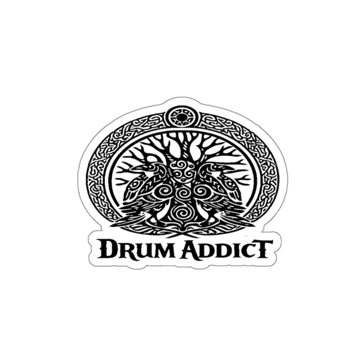 White die-cut paper sticker featuring the Drum Addict Celtic Tree of Life Drummers design, showcasing intricate Celtic patterns and drummers.