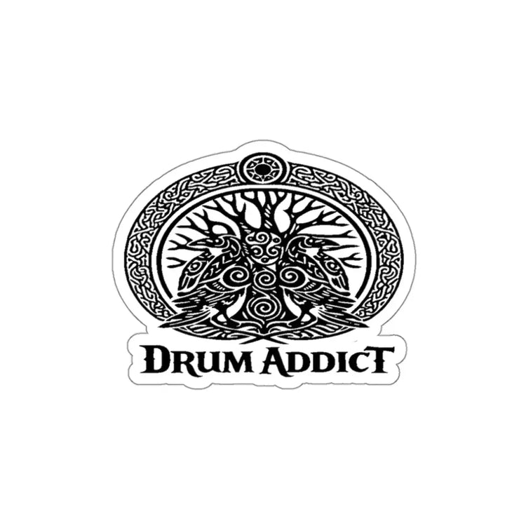 White die-cut paper sticker featuring the Drum Addict Celtic Tree of Life Drummers design, showcasing intricate Celtic patterns and drummers.