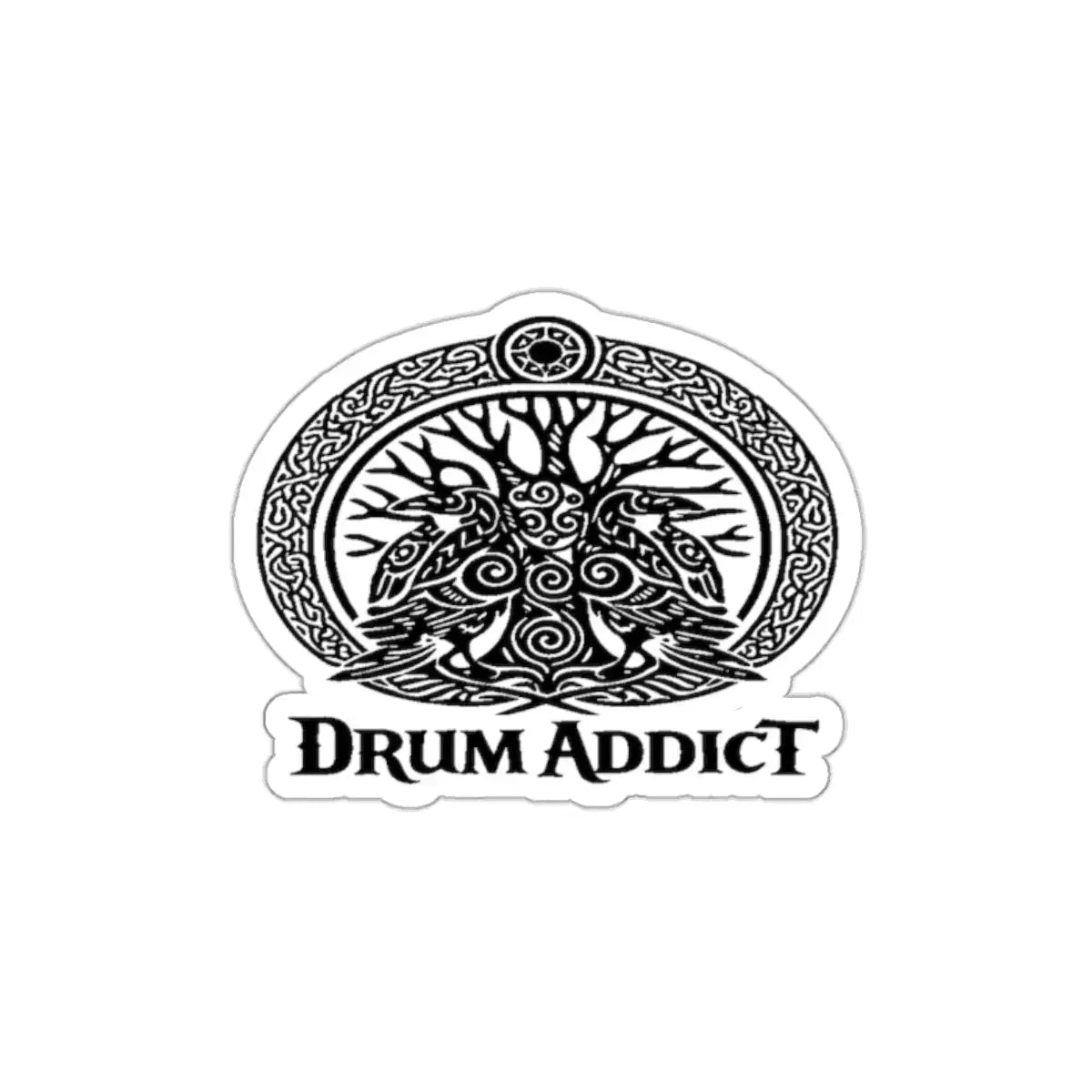 White die-cut sticker featuring the Drum Addict Celtic Tree of Life drummers design, paper product by Printify, 2x2 inches.