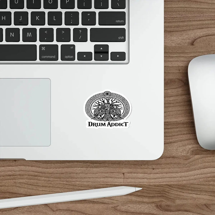 White die-cut sticker featuring the Drum Addict Celtic Tree of Life drummers design, made of paper, 2x2 inches.