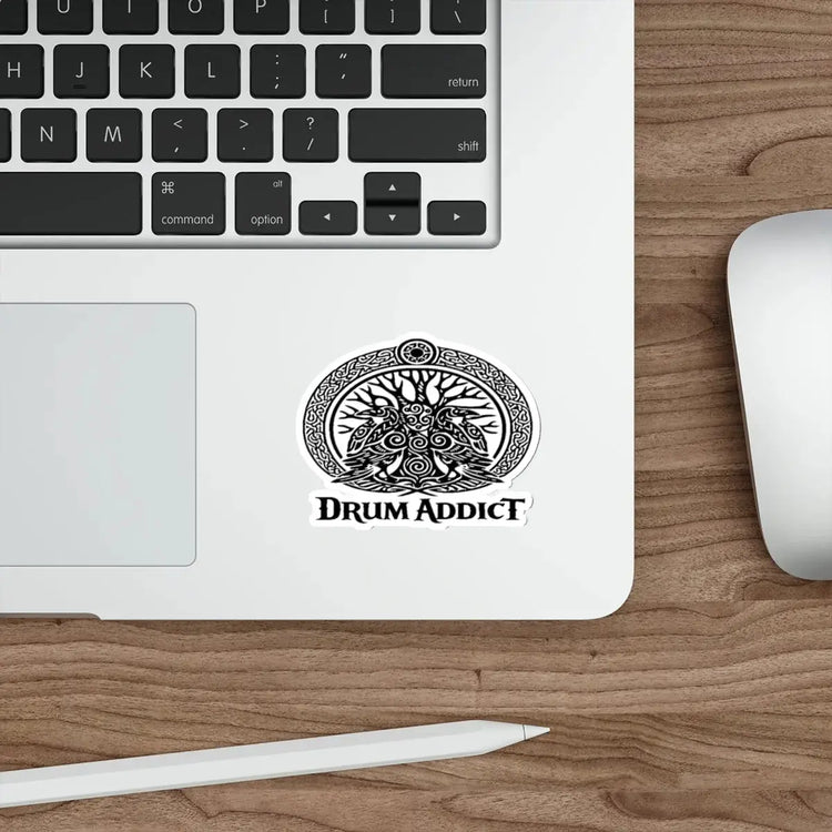 White paper die-cut sticker featuring the Drum Addict Celtic Tree of Life drummers design by Printify, 2x2 inches.
