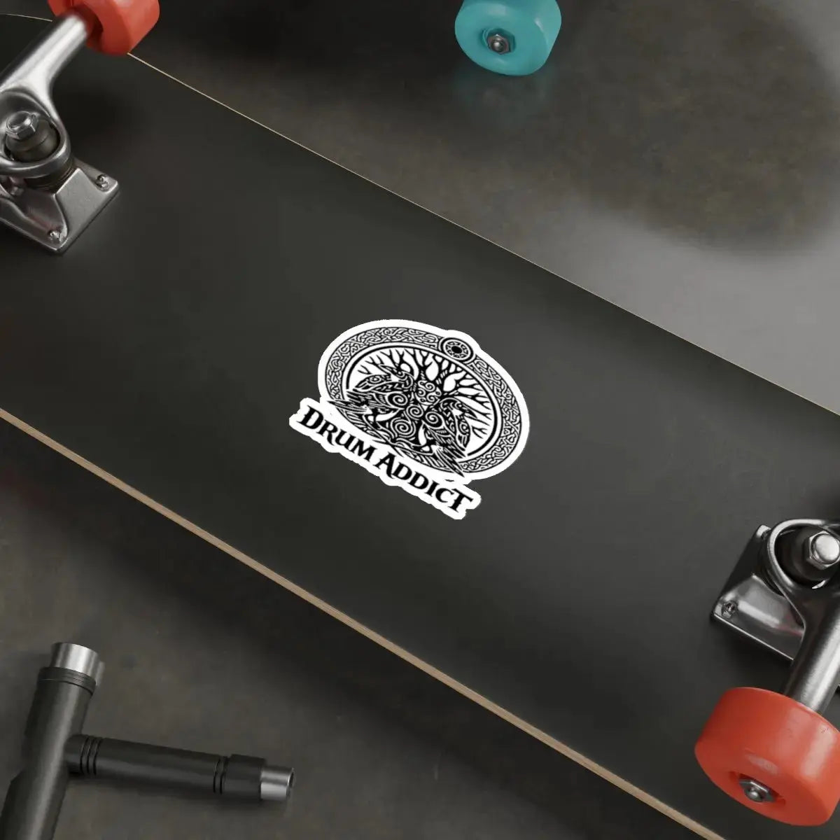 White die-cut sticker featuring the Drum Addict Celtic Tree of Life drummers design, perfect for paper crafts and decoration.