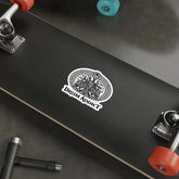 White die-cut sticker featuring the Drum Addict Celtic Tree of Life drummers design, perfect for paper crafts and decoration.