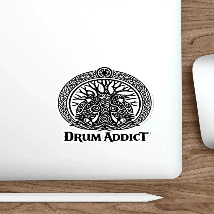 White die-cut sticker featuring the Drum Addict Celtic Tree of Life drummers design on paper, 2x2 inches.
