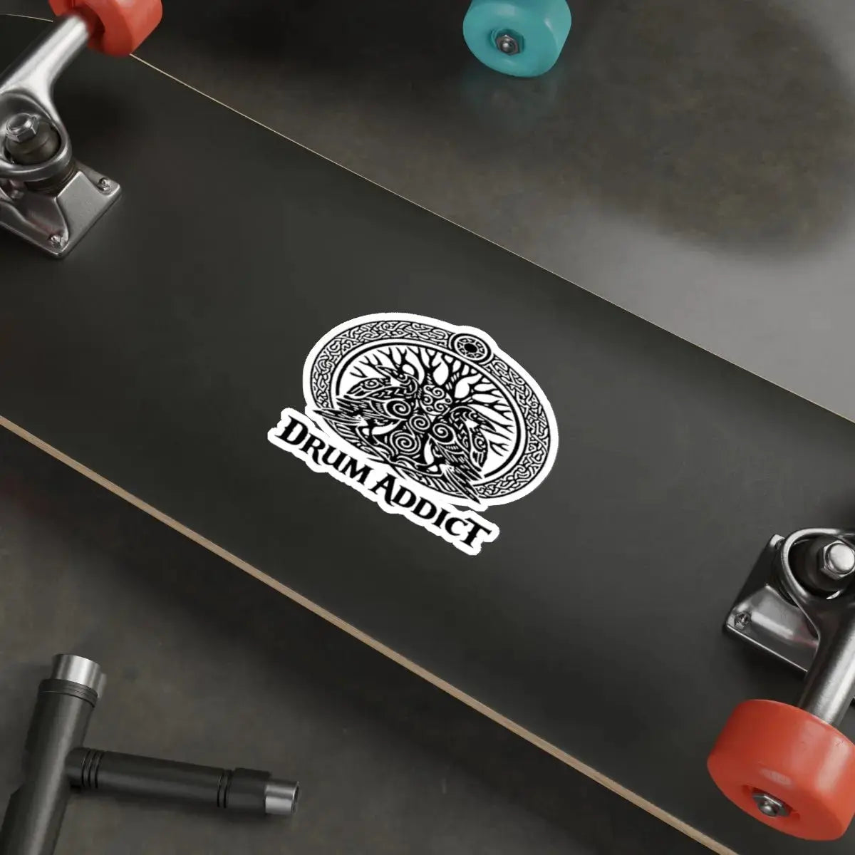 White die-cut sticker featuring the Drum Addict Celtic Tree of Life drummers design, perfect for paper products and crafts.