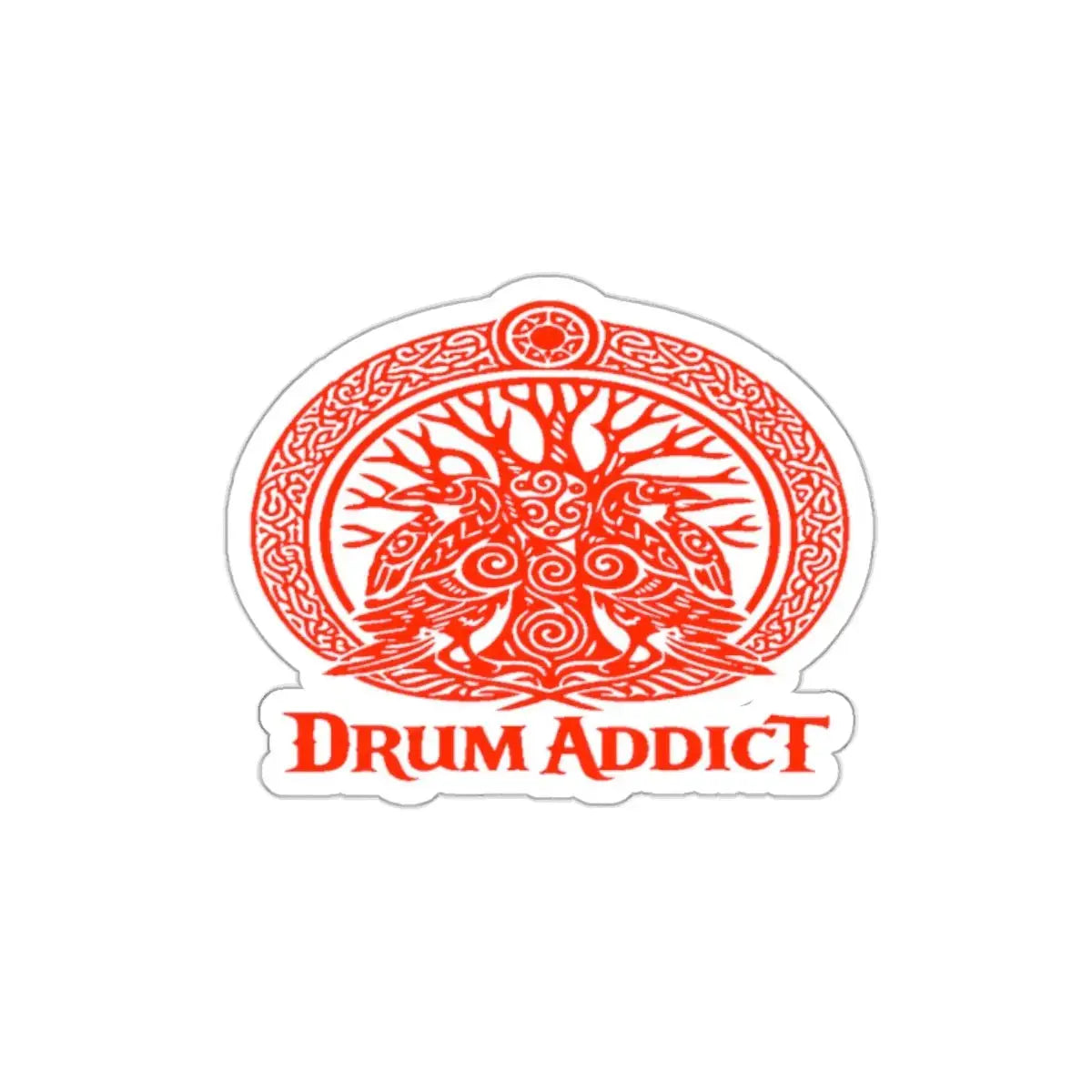 Red Celtic drum tree die-cut sticker by Printify, featuring intricate drum design on white paper background.