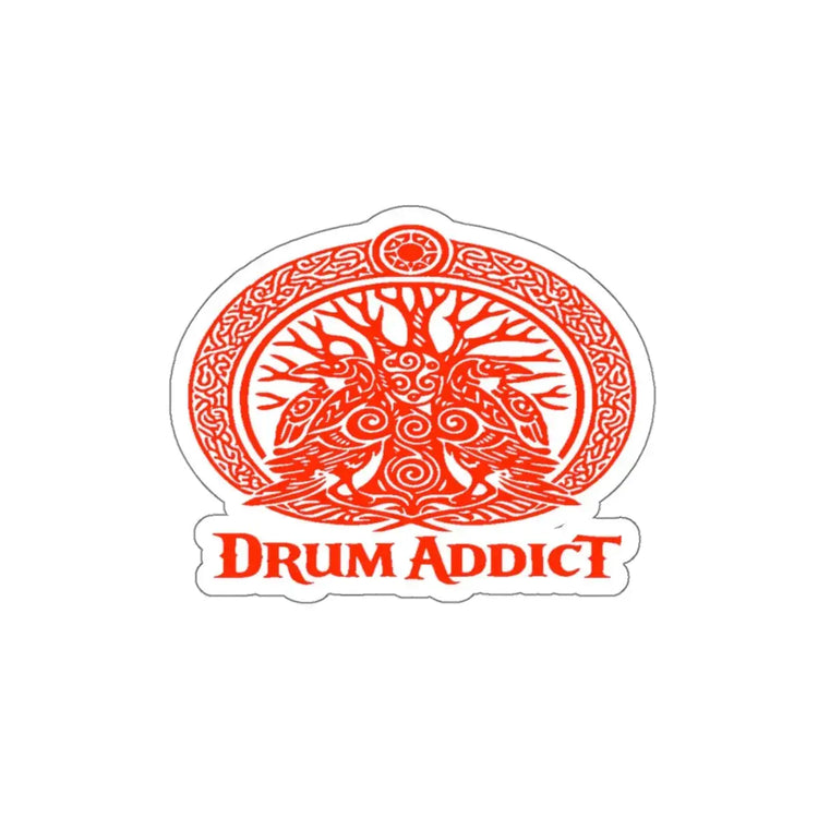 Red Celtic drum tree die-cut sticker by Printify, featuring intricate drum and Celtic design on white paper background.