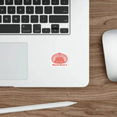 Red Celtic drum tree design die-cut sticker on white paper, featuring Drum Addict branding, 2x2 inches.