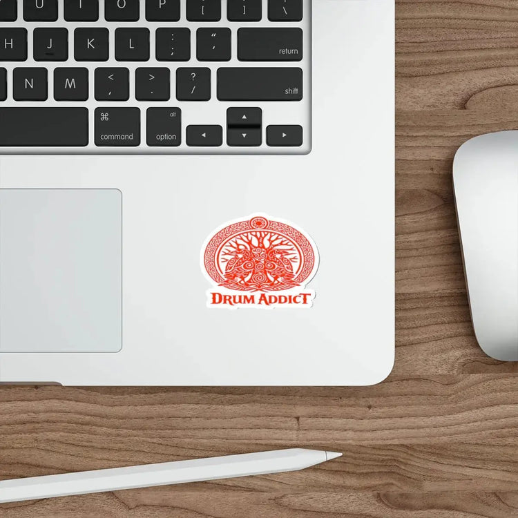 Red Celtic Drum Tree design die-cut sticker by Printify, featuring a paper sticker with intricate drum and tree artwork.