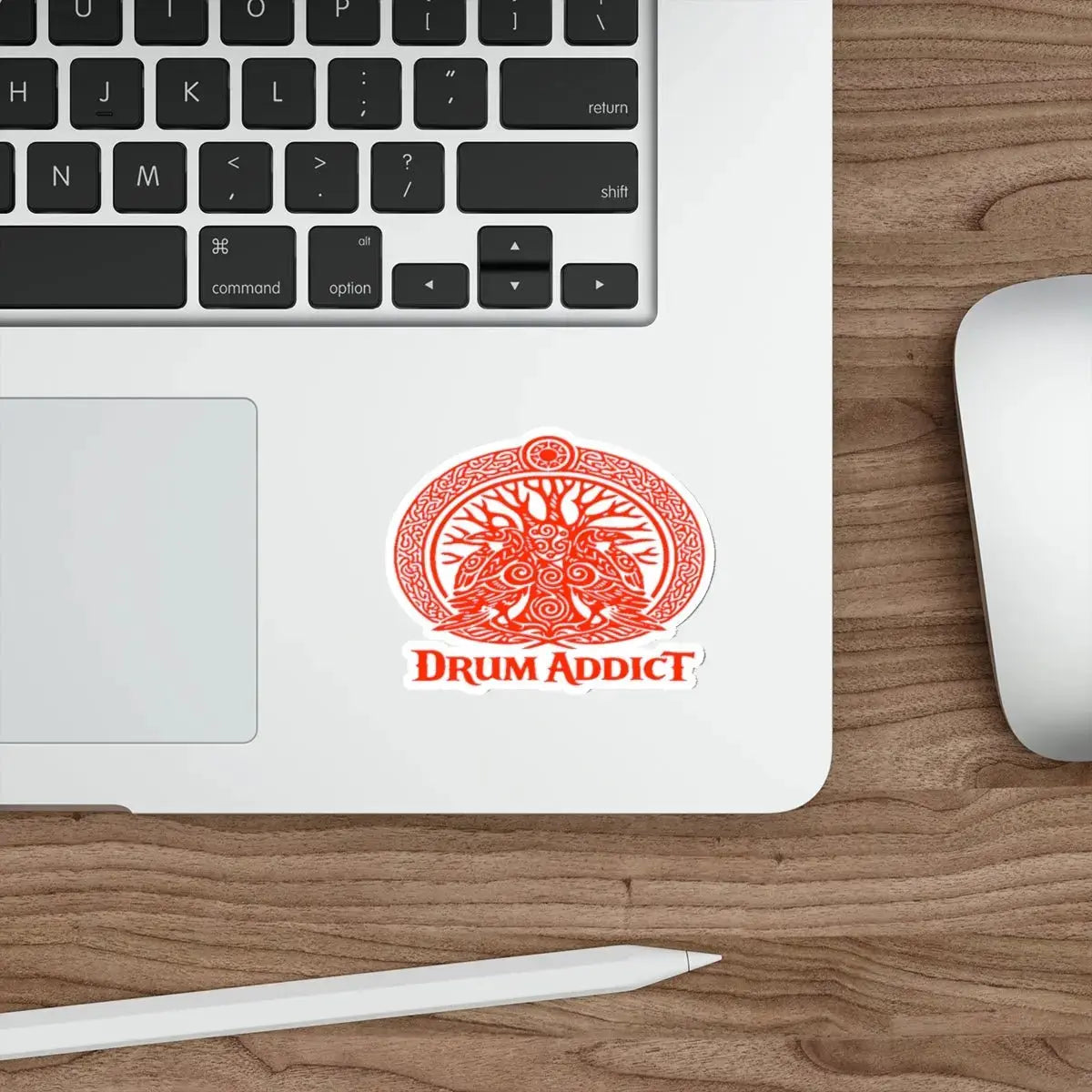 Red Celtic drum tree design die-cut sticker by Drum Addict on white paper, perfect for decorating or scrapbooking.