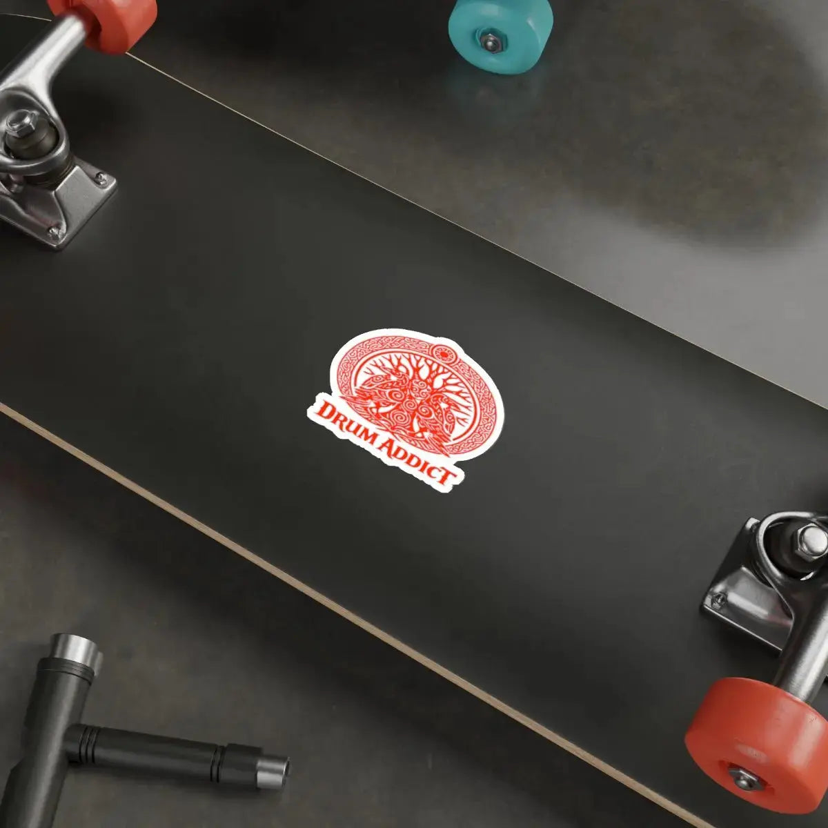 Red Celtic drum tree design die-cut sticker by Printify, featuring a detailed paper sticker with a drum motif.