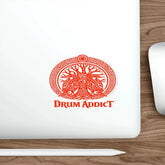 Red Celtic Drum Tree design die-cut sticker by Printify on white paper, featuring a detailed drum and Celtic tree motif.