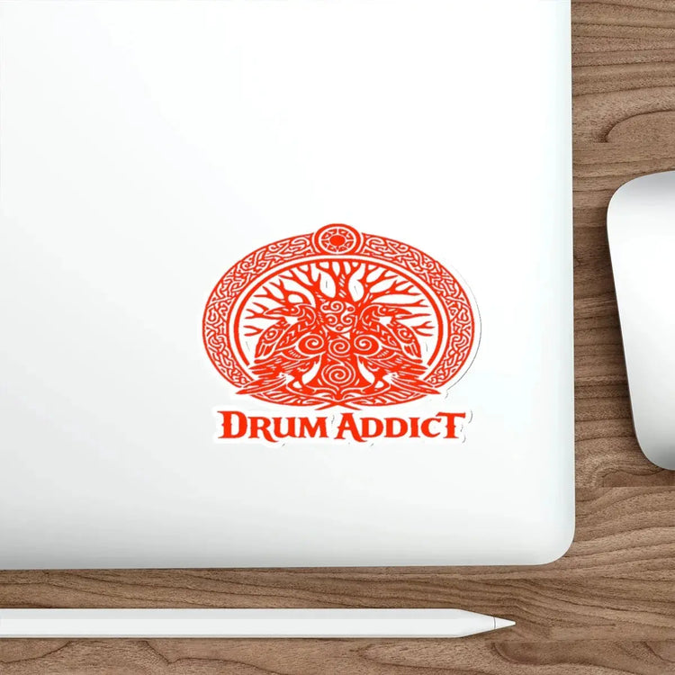 Red Celtic Drum Tree design die-cut sticker by Printify on white paper, featuring a detailed drum and Celtic tree motif.