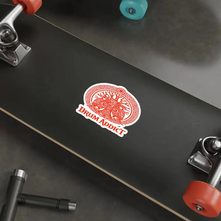 Red Celtic drum tree die-cut sticker by Printify, featuring intricate drum and Celtic knot design on white paper background.