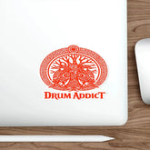 Red Celtic Drum Tree die-cut sticker by Printify featuring a detailed drum design on white paper background.