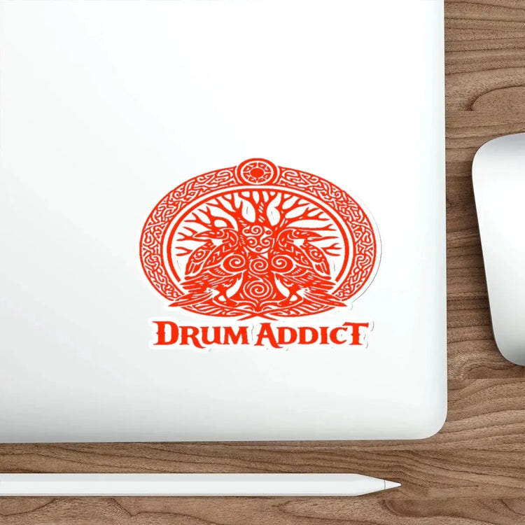 Red Celtic Drum Tree die-cut sticker by Printify featuring a detailed drum design on white paper background.
