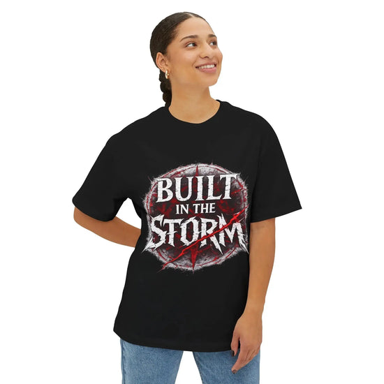 Black Built in the Storm T-Shirt by Printify, featuring a casual fit and short sleeves, shown on a plain background.