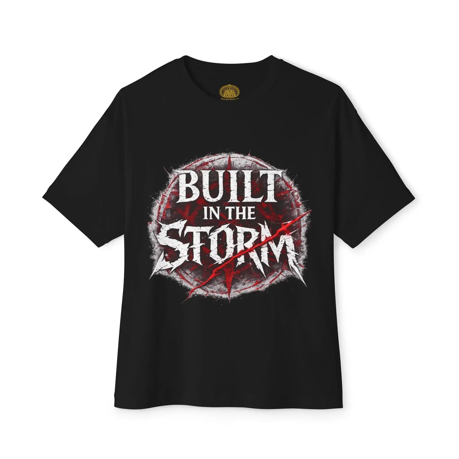 Black Built in the Storm T-Shirt by Printify, showing front view with crew neck and short sleeves on a white background.