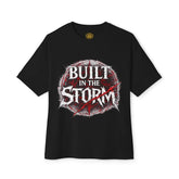 Black Built in the Storm T-Shirt by Printify, showing front view with crew neck and short sleeves on a white background.