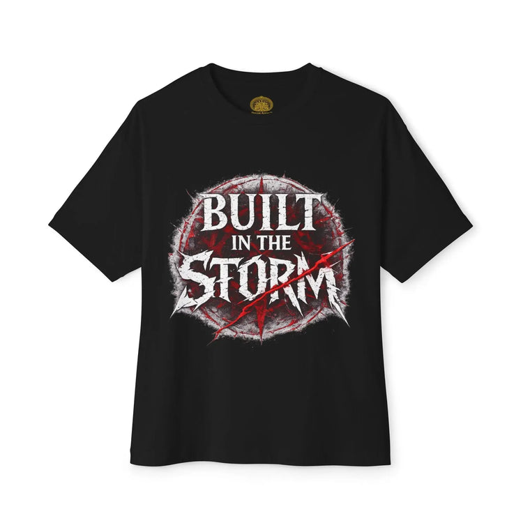 Black Built in the Storm T-Shirt by Printify, showing front view with crew neck and short sleeves on a white background.