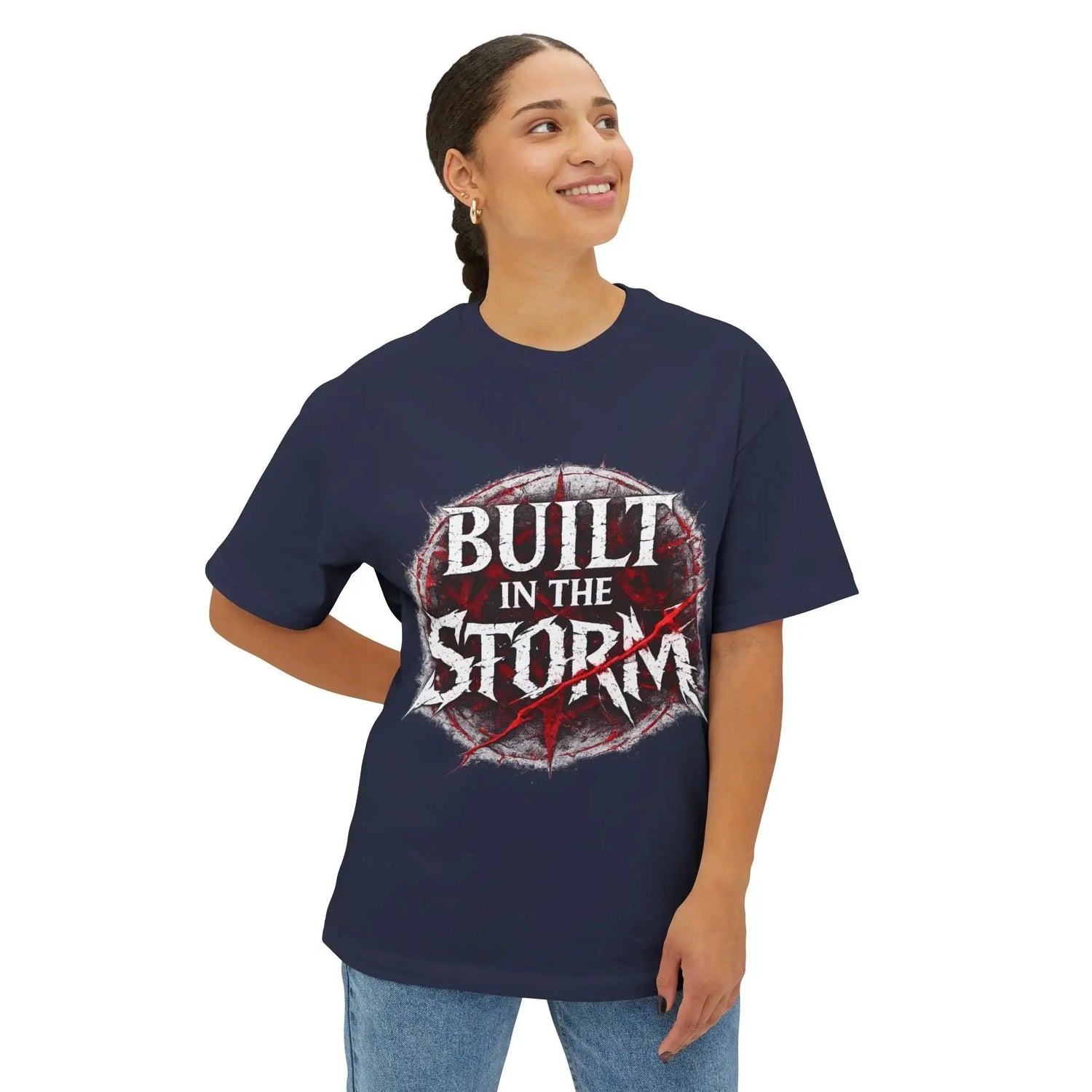 Black Built in the Storm T-Shirt by Printify, showing a close-up of the fitted T-shirt with detailed stitching and fabric texture.