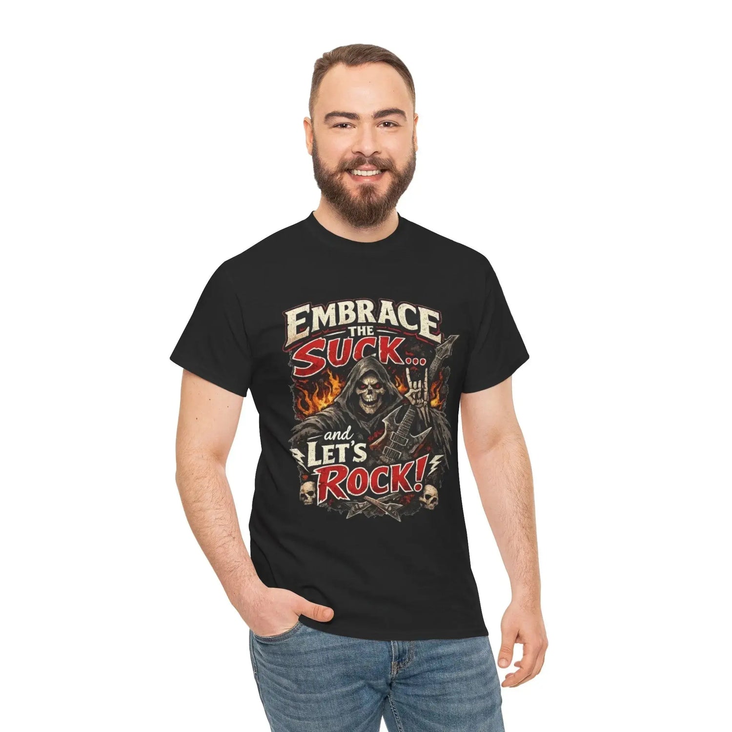 Charcoal unisex T-shirt with "Embrace The Suck" print, made by Printify, featuring a casual, comfortable fit and graphic design.