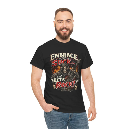 Charcoal unisex T-shirt with "Embrace The Suck" print, made by Printify, featuring a casual, comfortable fit and graphic design.