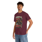 Charcoal unisex T-shirt featuring "Embrace The Suck" print, made by Printify, shown flat on a white background.