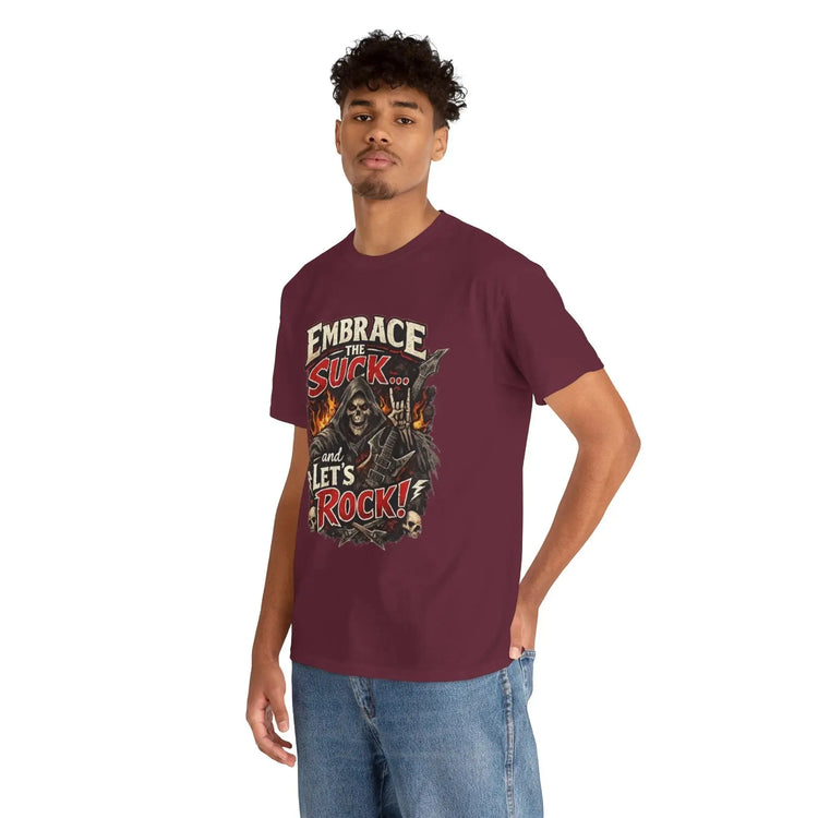 Charcoal unisex T-shirt featuring "Embrace The Suck" print, made by Printify, shown flat on a white background.