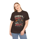 Charcoal unisex T-shirt from Printify featuring the "Embrace The Suck" slogan in bold black lettering.
