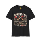 Red unisex softstyle T-shirt by Printify with "Embrace the Suck" graphic, featuring a comfortable fit and casual style.