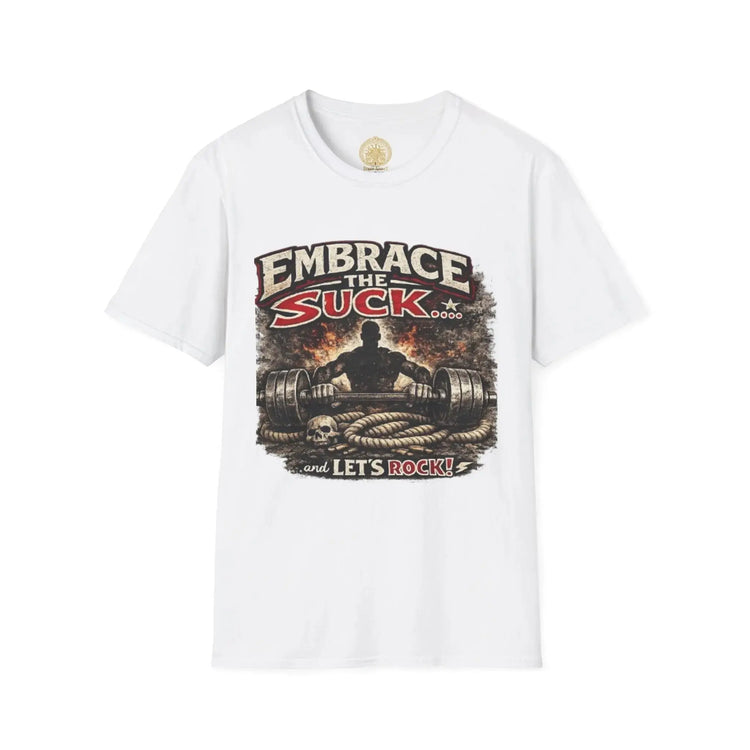 Red Embrace the Suck unisex softstyle T-shirt by Printify, featuring a casual fit and bold graphic design.