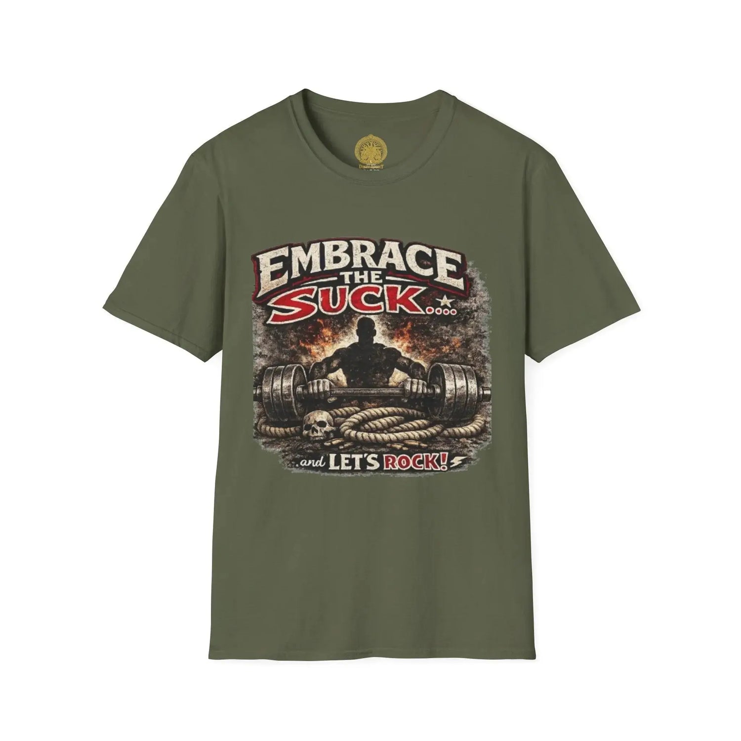 Red Embrace the Suck unisex Softstyle T-Shirt from Printify, featuring a comfortable fit and bold graphic design.