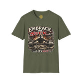 Red Embrace the Suck unisex Softstyle T-Shirt from Printify, featuring a comfortable fit and bold graphic design.