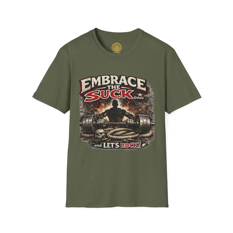 Red Embrace the Suck unisex Softstyle T-Shirt from Printify, featuring a comfortable fit and bold graphic design.