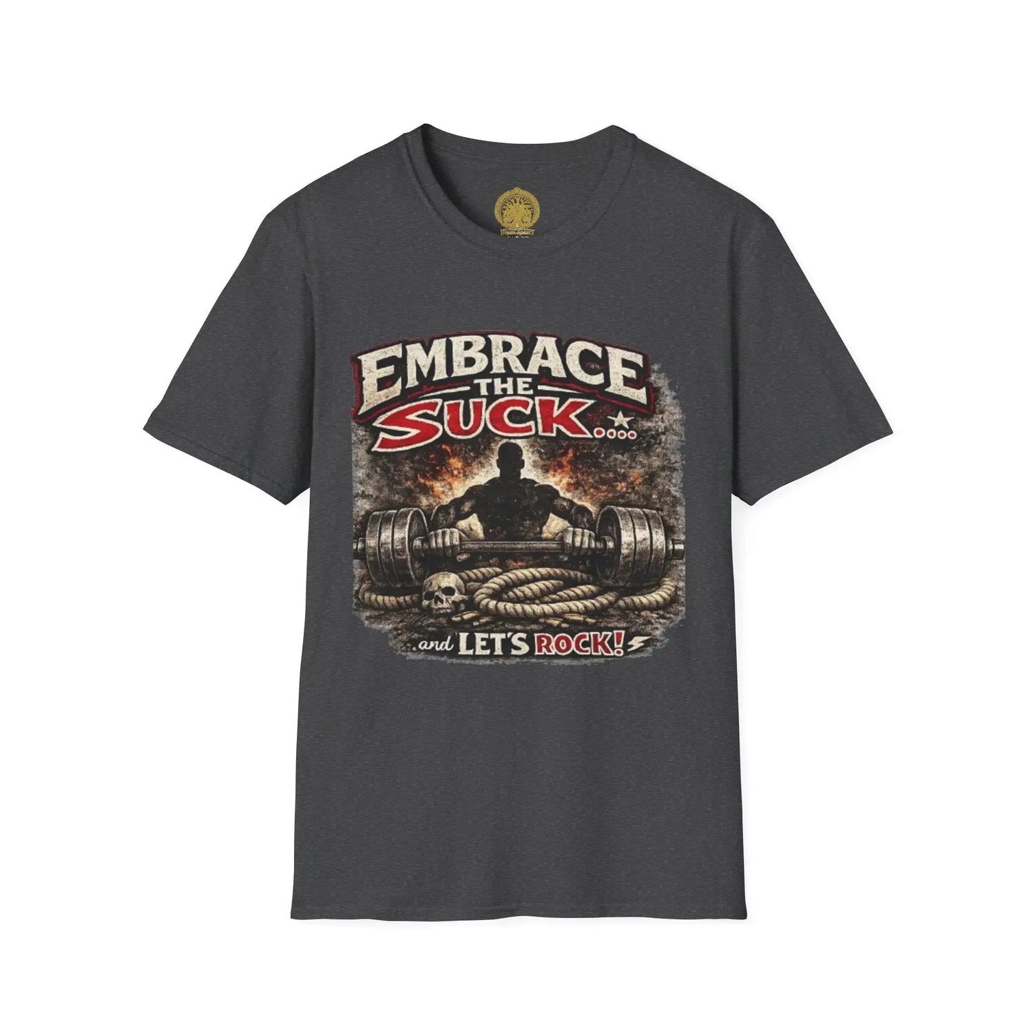 Red unisex softstyle T-shirt with "Embrace the Suck" print, made by Printify, shown on a flat lay.