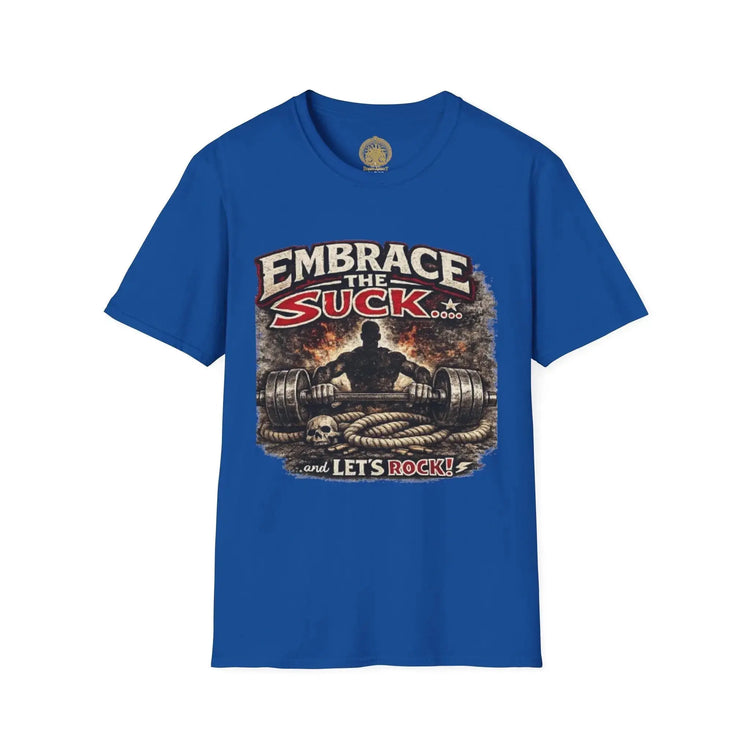 Red unisex softstyle T-shirt with "Embrace the Suck" print, featuring a comfortable fit and casual style by Printify.