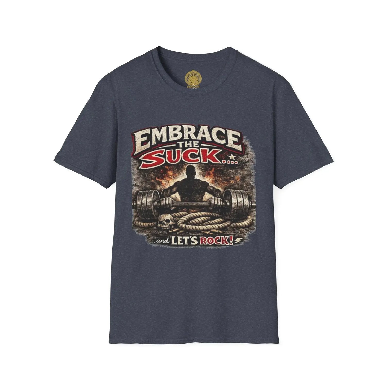 Red Embrace the Suck unisex softstyle T-shirt by Printify, featuring a comfortable fit and bold graphic design.