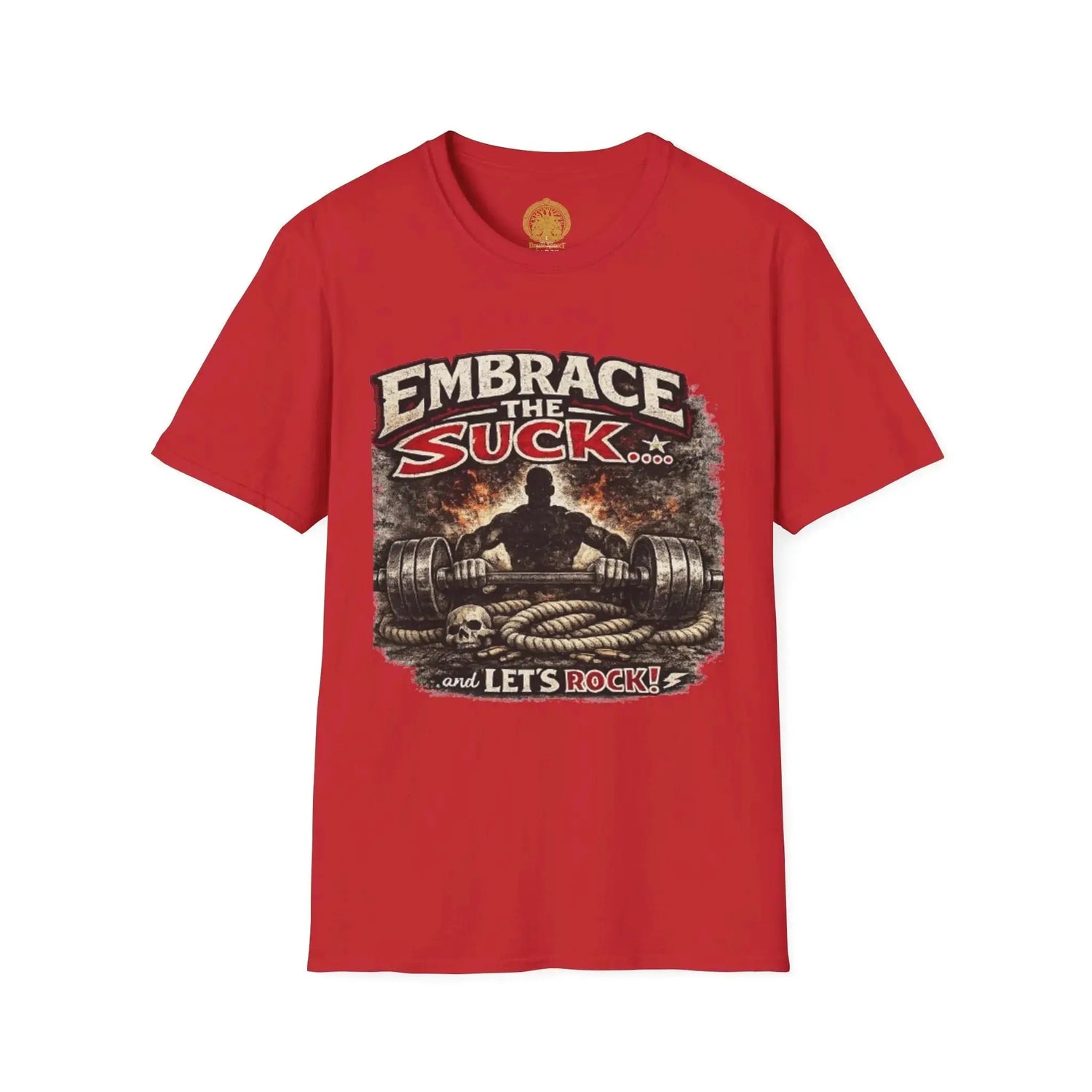 Red Embrace the Suck unisex Softstyle T-Shirt by Printify, showing the front view with bold printed design.