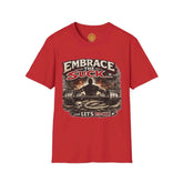 Red Embrace the Suck unisex Softstyle T-Shirt by Printify, showing the front view with bold printed design.