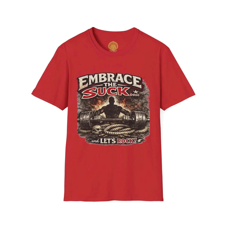 Red Embrace the Suck unisex Softstyle T-Shirt by Printify, showing the front view with bold printed design.