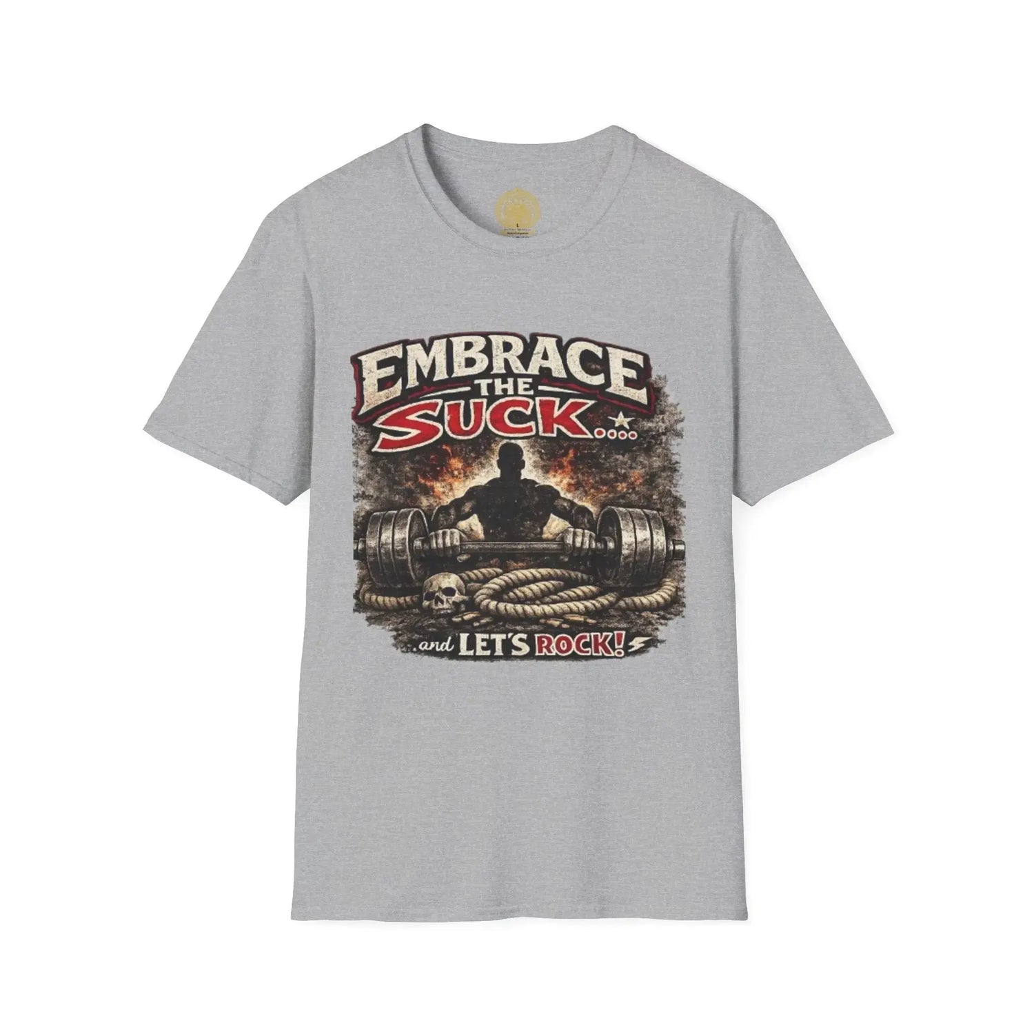 Red Embrace the Suck unisex softstyle T-shirt by Printify, featuring a comfortable fit and bold graphic design.