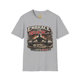 Red Embrace the Suck unisex softstyle T-shirt by Printify, featuring a comfortable fit and bold graphic design.