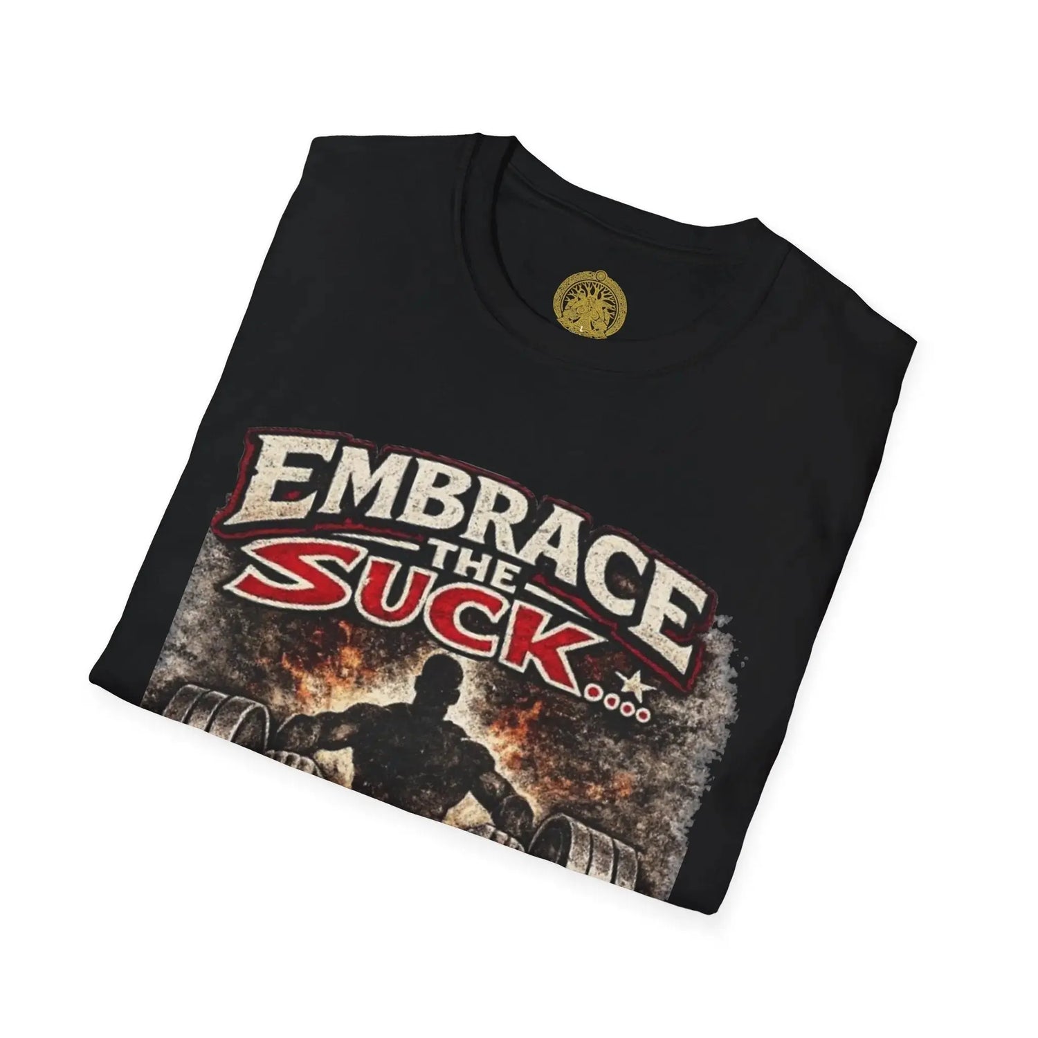 Red unisex softstyle T-Shirt by Printify featuring "Embrace the Suck" graphic on the front.