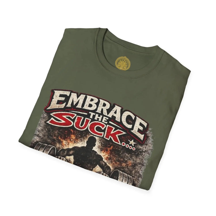 Red unisex softstyle T-shirt featuring "Embrace the Suck" slogan by Printify, casual and comfortable for everyday wear.
