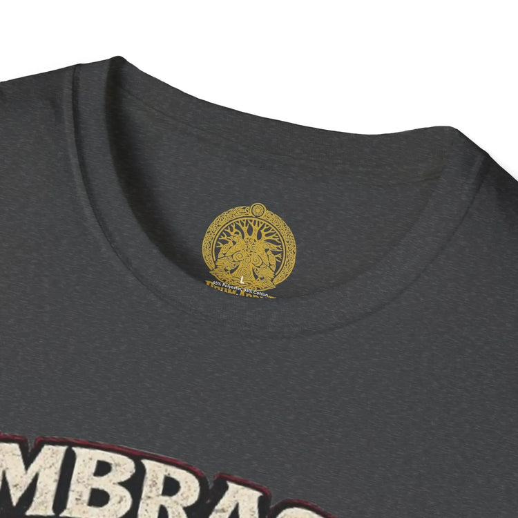 Red unisex softstyle T-shirt from Printify featuring the "Embrace the Suck" slogan in bold black lettering.