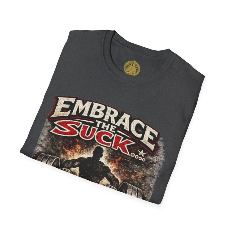 Red Embrace the Suck unisex softstyle T-shirt by Printify, featuring bold graphic design and comfortable casual fit.