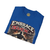 Red Embrace the Suck unisex softstyle T-shirt by Printify, featuring a comfortable fit and bold design on the front.